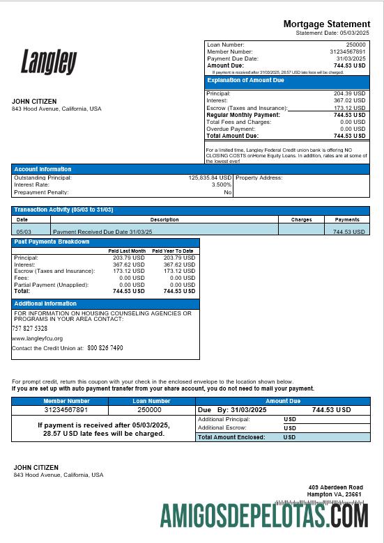 Declaração de hipoteca do banco Langley Federal Credit Union dos EUA em formatos Word e PDF modelo
